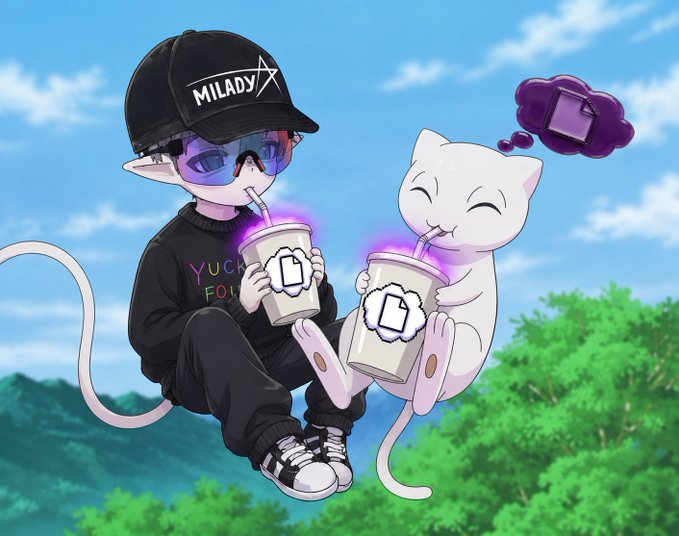 An anime-style character wearing a "MILADY" cap and sunglasses sits alongside a white cat, both sipping glowing purple drinks against a dreamy sky, with the cat dreaming of NFTs, matching the "$wakeup" token's blissful, never-waking aesthetic.
