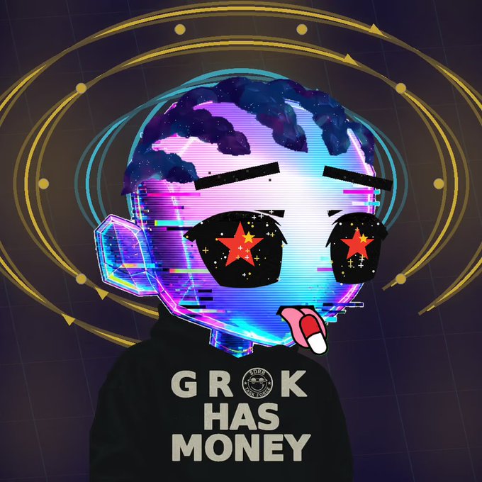 A digital illustration of a glitch-style character wearing a hoodie that reads 'GROK HAS MONEY' with stars in its sunglasses.
