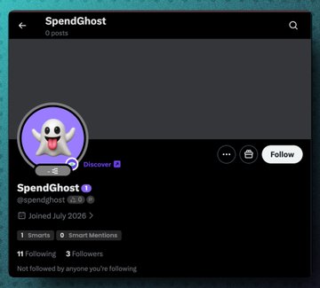 A screenshot of a Twitter/X profile for "SpendGhost" (@spendghost), joined July 2026, with 0 points, showing minimal engagement (11 following, 3 followers, 0 smart mentions), while the accompanying post promotes a list of NFT projects and DeFi recommendations. The image appears to be a promotional graphic or accompanying visual for the crypto/NFT recommendations shared in the tweet.