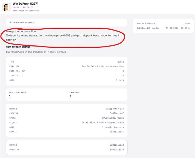 A screenshot of a Win DePunk #2271 quest page with instructions circled in red: "Sweep the depunks floor. 10 depunks in one transaction, minimum price 0.009 and get 1 depunk base model for free in addition."
