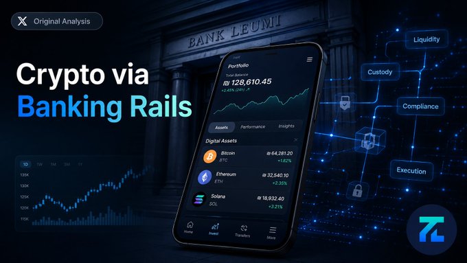 A promotional graphic titled 'Crypto via Banking Rails' showing a smartphone with a portfolio app displaying a total balance of ₪128,610.45, featuring Bitcoin, Ethereum, and Solana holdings alongside a bank building and network nodes labeled Liquidity, Custody, Compliance, and Execution.