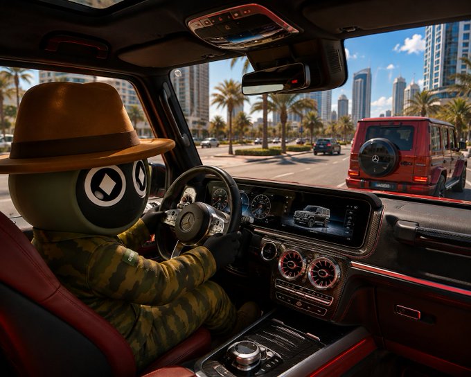 A figure wearing a green camouflage suit and a brown hat, with cartoonish eyes, sitting in the driver's seat of a Mercedes-Benz SUV.
