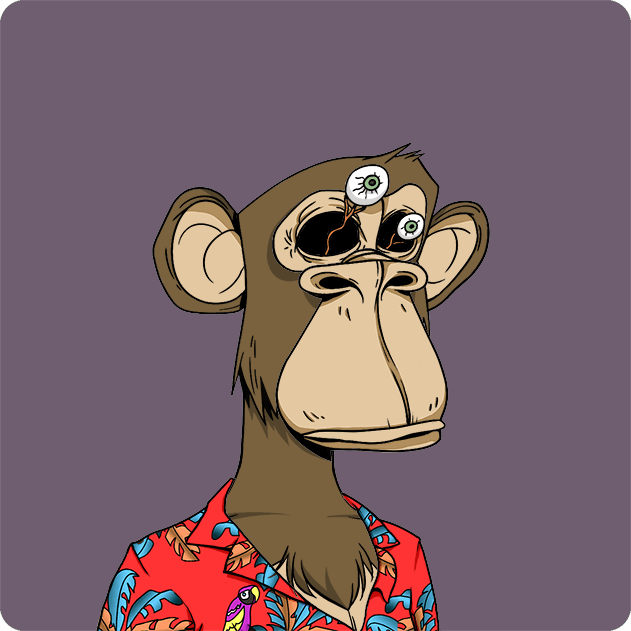 A cartoon illustration of a Bored Ape-style monkey character wearing a red Hawaiian floral shirt, featuring three mismatched eyes with one bulging out on its forehead, set against a purple background.