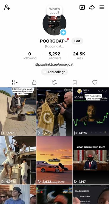 The image shows a TikTok profile for "POORGOAT" (@poorgoat__) with 5,292 followers and 24.5K likes, featuring various meme-style videos about cryptocurrency. Visible content includes references to "$CATE" (a trending crypto coin) across multiple video captions, including "POV: Everyone slowly agreeing CATE is the next Doge," "CARE [B] CATE movement," and "MOOD AFTER BUYING $CATE," aligning with the post's message about onboarding people to the $CATE token through TikTok content.