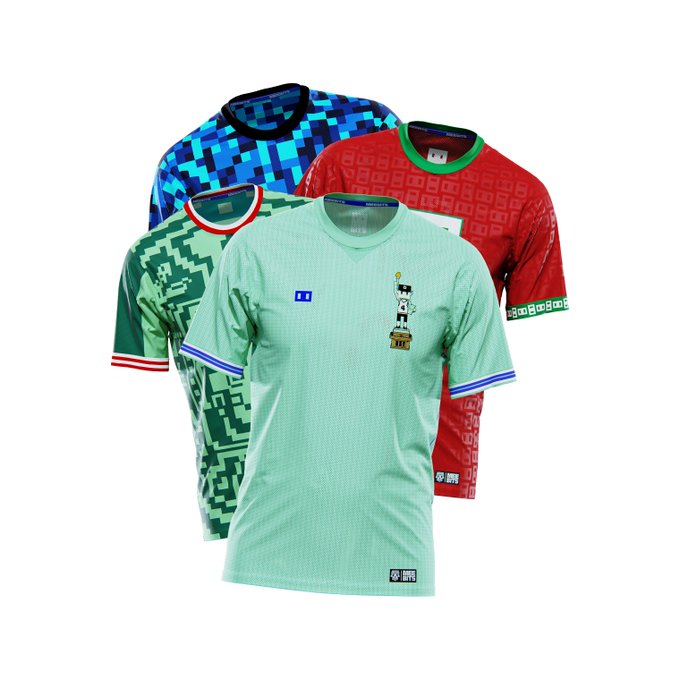 Three soccer/football jerseys are displayed: a blue checkered pattern, a green geometric pattern, and a red patterned jersey, with a light mint green jersey featuring a trophy graphic in front.