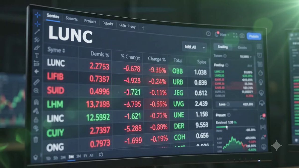 A computer monitor displaying a stock market graph with various stock symbols such as "LUNC", "SPE", "HHLA", etc., along with their respective values, positioned at an angle from left to right. The screen also shows the words "LUNC Breaking Out" and "HODL ARMY". The post is titled "LUNC Breaking Out: The Next Major Move HODL the line", indicating that there might be some emerging trends in a particular stock or market direction being discussed on this platform.