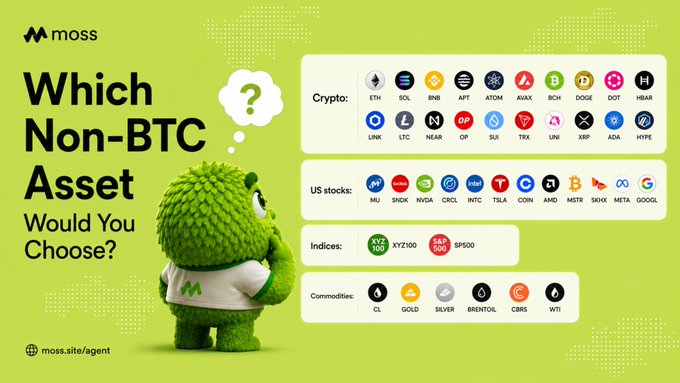 The image features a green, fuzzy monster character standing against a yellow background with white text. The monster appears to be pondering or thinking about something, as indicated by its facial expression. Below the monster's head, there are several lines of text that provide information and details related to cryptocurrency trading and asset management. These include descriptions of various assets such as Bitcoin, Ethereum, Ripple, and Litecoin, along with their respective symbols and market caps. The image also includes a question asking which non-BTC asset would you choose, followed by an answer explaining the available options.