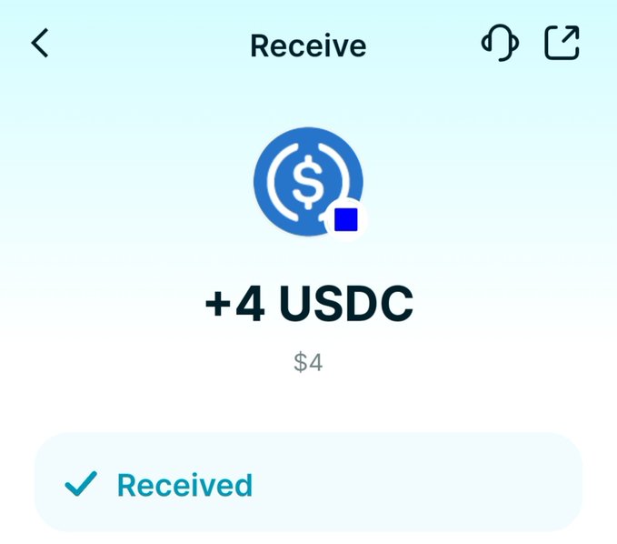 A mobile app 'Receive' screen confirming a transaction of '+4 USDC' ($4) as 'Received'.
