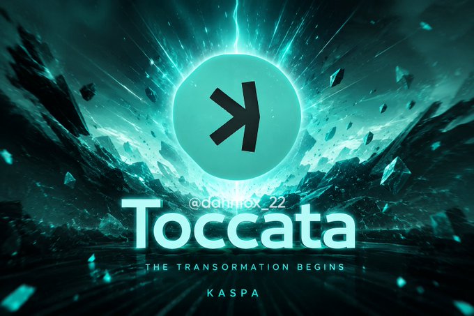 Promotional graphic for Kaspa's 'Toccata - The Transformation Begins,' featuring the Kaspa 'K' logo against a teal cosmic background, credited to @dannfox_22.
