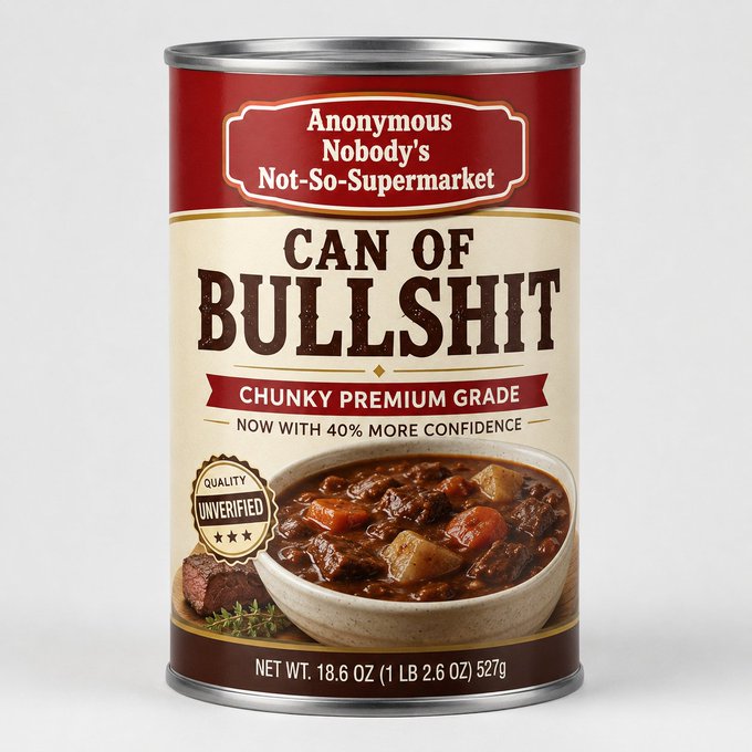 A can labeled 'Anonymous Nobody's Not-So-Supermarket CAN OF BULLSHIT' in 'CHUNKY PREMIUM GRADE', 'NOW WITH 40% MORE CONFIDENCE', featuring an image of a beef stew and a 'QUALITY UNVERIFIED' seal, net wt. 18.6 oz (1 LB 2.6 OZ) 527g.
