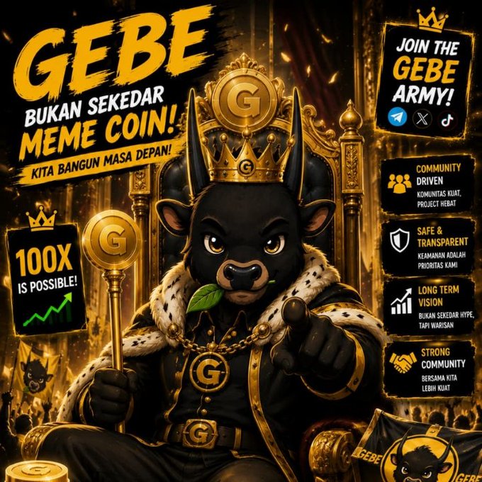 A promotional poster for 'GEBE' meme coin featuring a crowned black bull character, with Indonesian text including 'BUKAN SEKEDAR MEME COIN!' and claims of '100X IS POSSIBLE'.