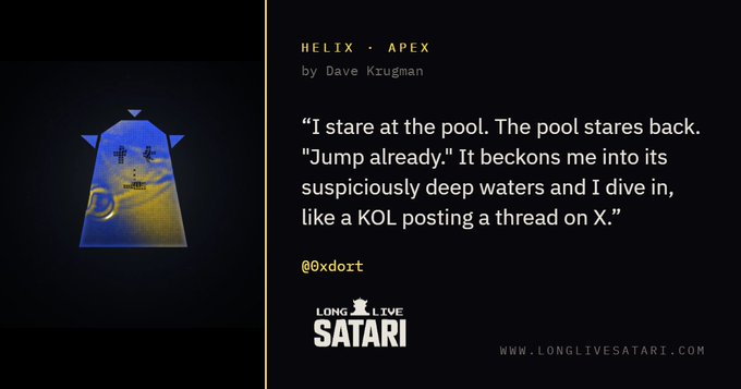 A promotional graphic for the game 'HELIX · APEX by Dave Krugman' from Long Live Atari, featuring a stylized 3D shape and a quote about staring at a pool, attributed to @0xdoit and referencing a KOL posting on X.