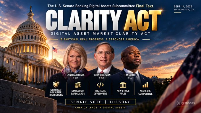A political promotional graphic for the 'CLARITY ACT - DIGITAL ASSET MARKET CLARITY ACT' dated September 14, 2026, featuring Senators Cynthia Lummis (R-WY), John Boozman (R-AR), and Tim Scott (R-SC) in front of the U.S. Capitol building.