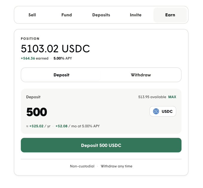 Screenshot of a financial app's "Earn" tab showing a USDC position of "5103.02 USDC" with a 5.00% APY, including a deposit field set to 500 USDC and a green "Deposit 500 USDC" button.