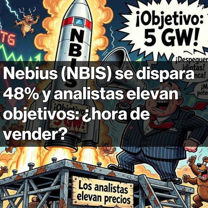A Spanish-language financial graphic about Nebius (NBIS) with text stating 'Nebius (NBIS) se dispara 48% y analistas elevan objetivos: ¿hora de vender?' overlaid on a cartoon of a rocket labeled 'NBI' and '5 GW' launching with a businessman celebrating.
