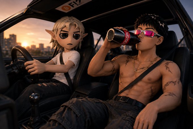 A digital illustration showing two characters in a car at sunset—a stylized elven figure driving while a tattooed young man in pink sunglasses drinks from a bottle labeled 'MOTO'.