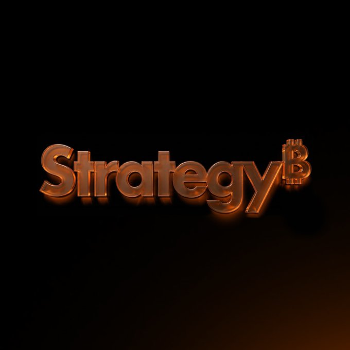 The image displays a glowing orange 3D logo reading "Strategy" alongside the Bitcoin symbol (₿) on a dark background. The neon-lit branding ties directly to the post about Strategy (formerly MicroStrategy) continuing its Bitcoin accumulation with a $80 million purchase of 950 BTC.