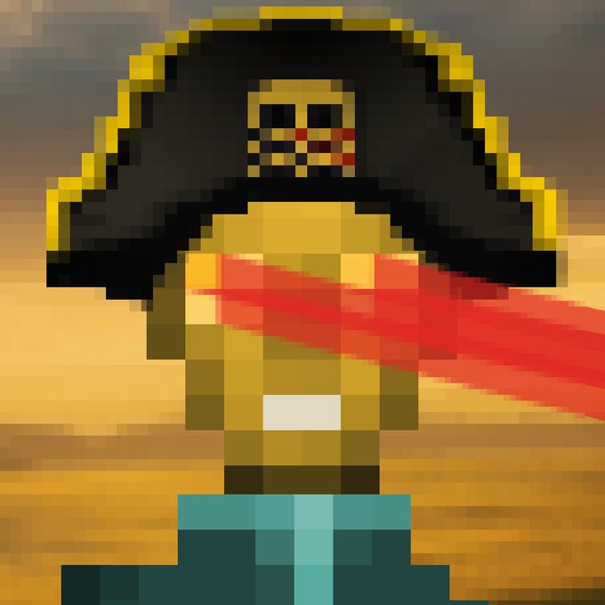 A pixel-art pirate character with a skull-decorated tricorn hat, eye patch, and a red sash stands against a sunset backdrop, fitting the post's celebratory "Satsday" Bitcoin-themed theme as a fun, adventurous mascot riding the crypto "journey."