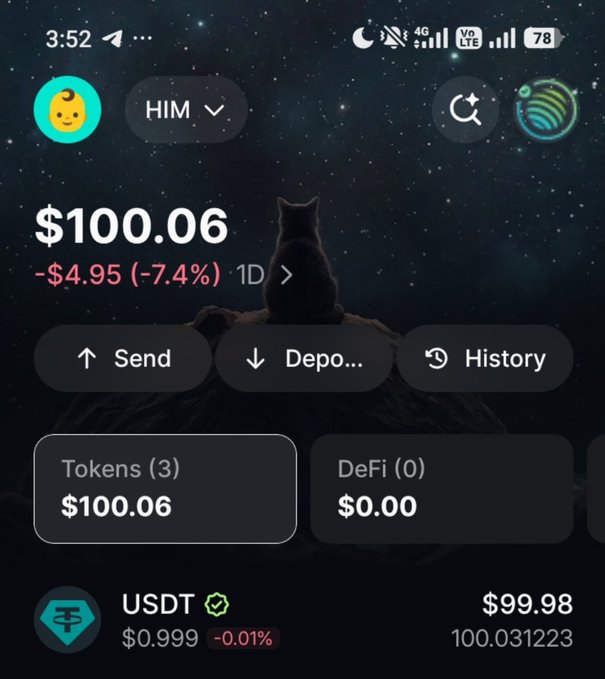 A cryptocurrency wallet app displays a balance of $100.06 USDT, showing a 1D decrease of -$4.95 (-7.4%).