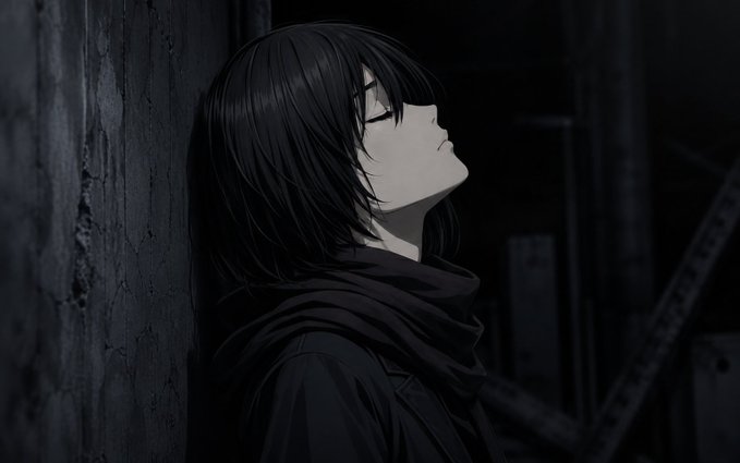 A dark, atmospheric anime-style illustration of a person with long black hair and closed eyes, wearing a black scarf, leaning their head back against a concrete wall in a dim industrial setting.