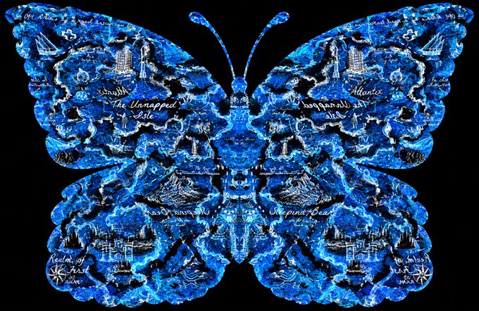 A symmetrical blue butterfly design resembling a stylized map features ornate patterns and text labels including 'The Unnamed Isle', 'Atlantis', and 'Realm of the First'.