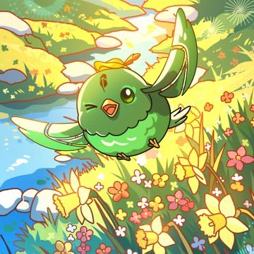 A colorful illustration of a cute green bird with an orange beak, flying over a field of yellow and orange flowers with a small stream visible below.