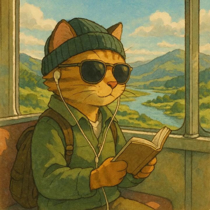 The image features a cat wearing sunglasses, headphones, and a backpack while sitting inside of a train or bus window. The cat appears to be reading a book with its paws, suggesting that it might be enjoying some leisure time during travel. The caption reads "Unbothered brilliance unlocked. $CWIF #catwifhat". This implies that the image is related to an advertisement for a product or service named "CatWif".