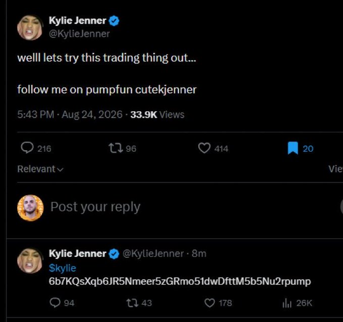 A screenshot of a tweet by verified user Kylie Jenner (@KylieJenner) that reads 'well lets try this trading thing out... follow me on pumpfun cutekjenner', with engagement metrics shown.