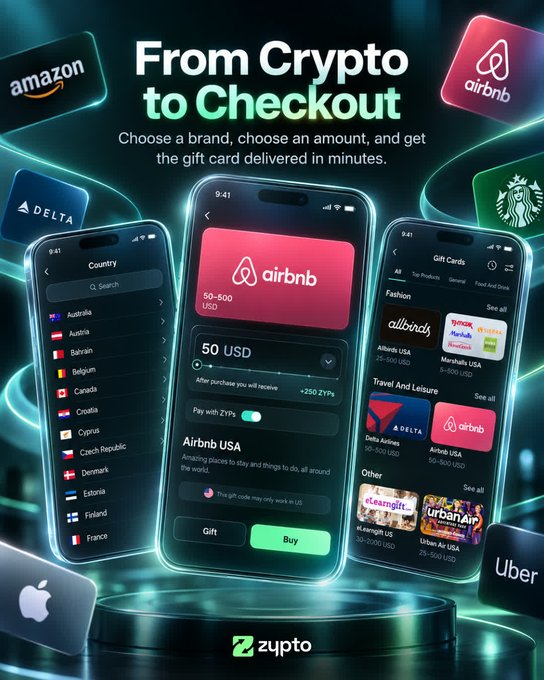 The image is a promotional graphic for Zypto's "From Crypto to Checkout" gift card feature, displaying three smartphones showing the app's interface for selecting countries (including Australia, Austria, Bahrain, Belgium, Canada, Croatia, Cyprus, Czech Republic, Denmark, Estonia, and Finland), purchasing an Airbnb gift card ($50 USD, 50-500 range) with 250 ZYPs after purchase and a "Pay with ZYPs" toggle, and browsing gift cards categorized under Fashion (Allbirds, Marshalls), Travel and Leisure (Delta Airlines, Airbnb USA), and Other (St. J. Lamsgift, Urban Air USA), surrounded by brand logos for Amazon, Airbnb, Delta, Starbucks, Uber, and Apple, showing how users can convert crypto into gift cards for thousands of brands within the Zypto App.