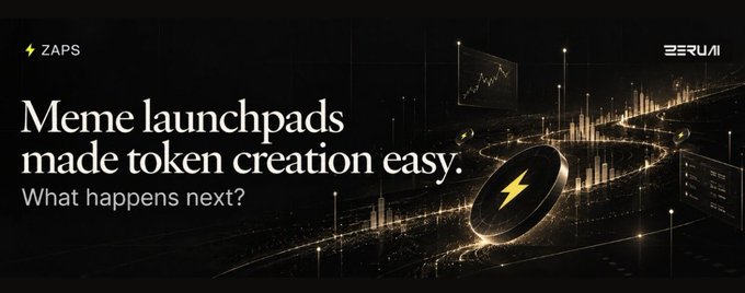 A dark promotional banner reads “Meme launchpads made token creation easy. What happens next?” with ZAPS and ZERAI branding and a coin-like lightning emblem.
