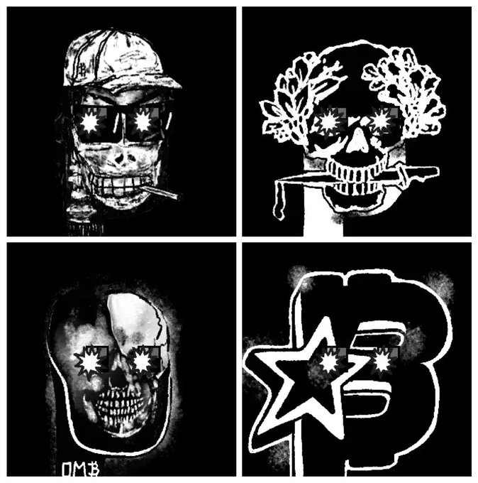 A four-panel black and white artwork featuring stylized skulls and characters with star-shaped eyes in a graffiti/illustration style.