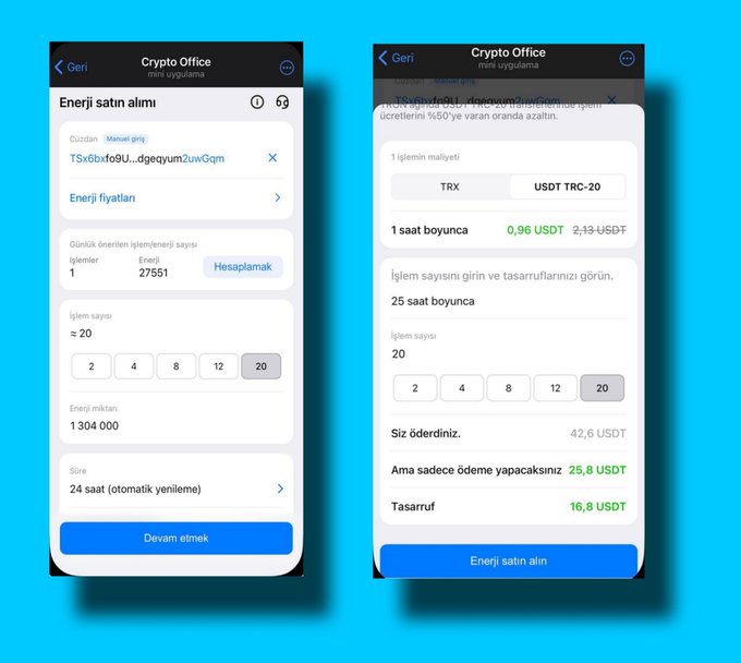 The image shows two Crypto Office app screens in Turkish, displaying energy (Enerji) purchase options for TRC-20 USDT transfers, with the left screen showing calculation inputs (e.g., 27,551 energy for 20 transactions at 1,304,000 units) and the right screen showing the cost breakdown (0.96 USDT per transfer without savings, totaling 42.6 USDT versus 25.8 USDT paid with energy, saving 16.8 USDT). This directly illustrates the post's point about how using Energy can dramatically reduce USDT TRC20 transfer costs compared to burning TRX (which would cost ~6–13+ TRX per transfer without energy).