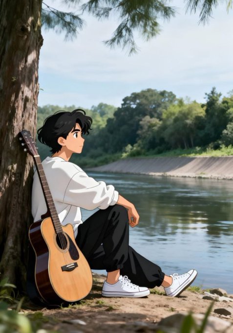 An anime-style illustration of a young man with black hair sitting under a tree by a river, holding an acoustic guitar, wearing a white long-sleeve shirt, black pants, and white sneakers.