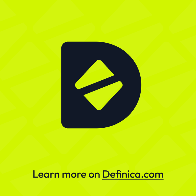 A neon green graphic with a dark 'D' logo and the text 'Learn more on Definica.com'.