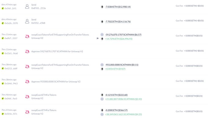 This image displays transaction history from a hacker's wallet showing profits of approximately $125K through swapping ETH for SCATMAN tokens on Uniswap V2, with notable transactions including +21,882,807.006 SCATMAN ($26,996.93) and +38,349,063.1621 SCATMAN ($4,825) earned from the fake token scheme promoted via hijacked SpaceXAI and Starlink X accounts.