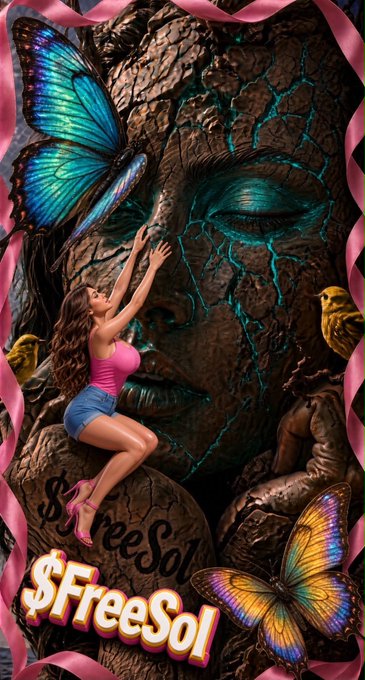 A fantasy-style digital artwork features a young woman in pink reaching toward a giant stone face, surrounded by colorful butterflies and pink ribbons, with "$FreeSol" text.
