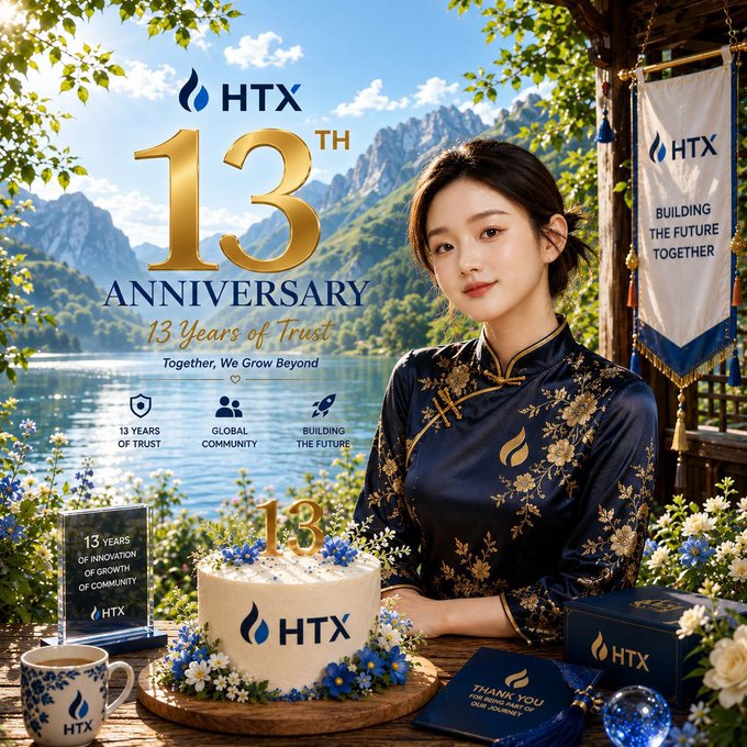 A promotional advertisement celebrates the HTX 13th Anniversary with the tagline '13 Years of Trust' and 'Building the Future Together', featuring a woman in an ornate traditional dress beside a commemorative cake.