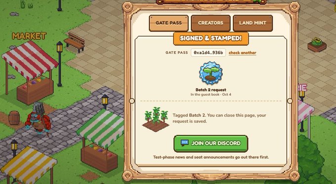 A pixel-art game interface shows a "Signed & Stamped!" confirmation page for a Gate Pass (0xa1d4...936b), confirming the user's "Batch 2 request" in "the quest book - Oct 4" for RRFVillage's second batch playtest. The scene includes a "Join Our Discord" button and background elements labeled "Market," directly illustrating the successful application mentioned in the post about the Ronin ecosystem game's playtest.