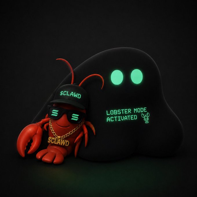 A 3D rendering of a stylized red lobster character wearing sunglasses and a hat, both bearing the text "$CLAWD", standing next to a black ghost figure with green eyes and the text "LOBSTER MODE ACTIVATED".