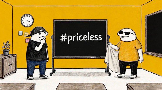 A cartoon shows two characters in a classroom setting where the teacher stands by a blackboard reading '#priceless' while a student contemplates the phrase.