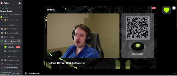 A live stream screenshot of 'Solana Circuit #34 | @sunrise' featuring a young man wearing headphones, with a QR code and Stake.nuSOL promo on the right side.