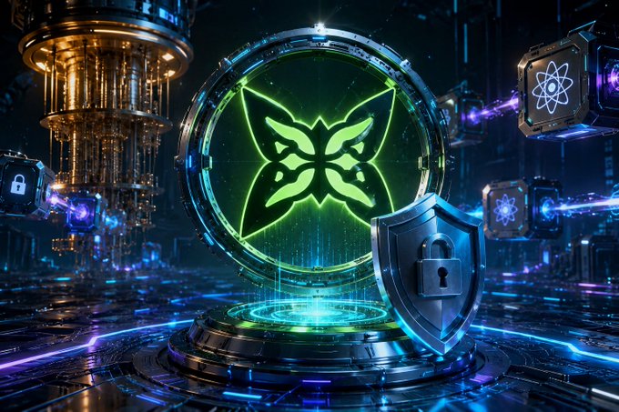The image features a glowing green butterfly emblem encased in a circular portal, surrounded by quantum computing hardware and floating cubes displaying atomic symbols, with a prominent padlock shield in the foreground symbolizing cryptographic protection. It visually reinforces the post's message about Quip Network's post-quantum cryptography (PQC) being built into blockchain infrastructure from the ground up, rather than added later—where the shield and atomic icons represent foundational, hardware-level quantum security rather than superficial add-on measures.
