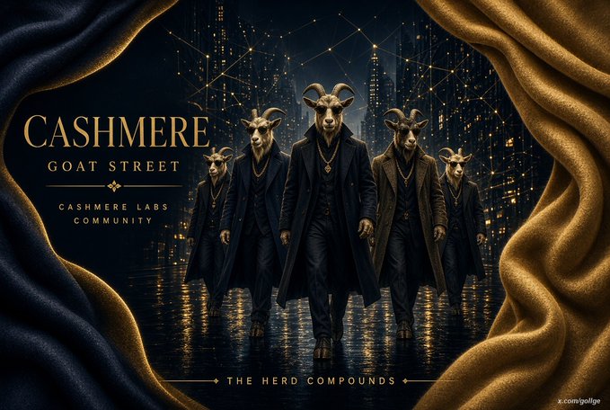 A promotional image for 'CASHMERE GOAT STREET' featuring anthropomorphic goats in suits and trench coats walking down a city street, with text 'CASHMERE LABS COMMUNITY' and 'THE HERD COMPOUNDS'.
