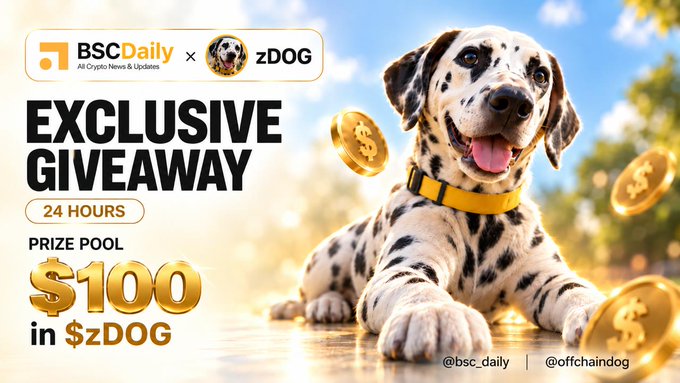 A promotional graphic for a 24-hour giveaway by BSC Daily and zDOG featuring a Dalmatian dog surrounded by gold coins, offering a $100 prize pool in $zDOG tokens. The image aligns with the announcement of a partnership giveaway with a 1.2 million $zDOG token prize pool, directing users to join via the Galxe quest link.