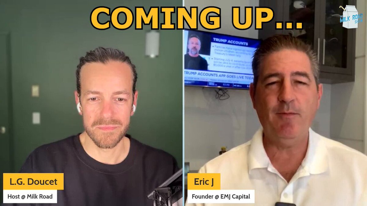 The image shows a video recording of two men, likely podcast hosts or interviewers, discussing the cryptocurrency market. They are both wearing t-shirts, indicating they are part of an online platform or show where they discuss various topics related to finance, technology, and news. The text above the image suggests that these podcasts feature discussions on Bitcoin and Ethereum prices, drawing up a thesis for their next episode. Additionally, there is a reference to a market analysis company named @LgDouet.