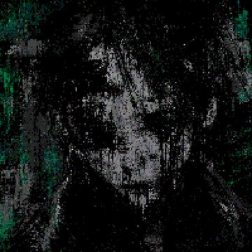 A dark, heavily pixelated and glitch-art style portrait of a person's face against a green and black background, giving it a mysterious, corrupted digital appearance.