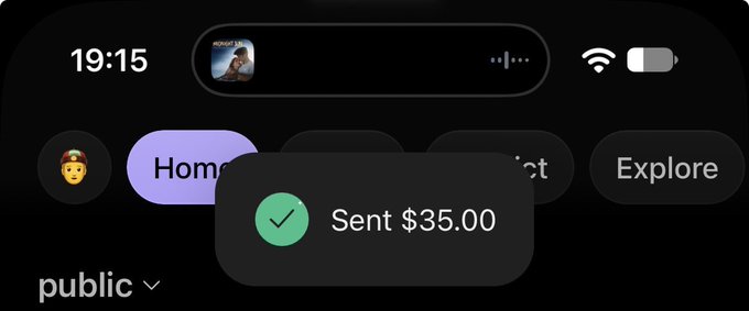 A mobile app interface displays a confirmation notification showing "Sent $35.00" with a green checkmark, indicating a successful transaction. The screen shows the time 19:15, navigation tabs including "Home" and "Explore," and a profile avatar, all set against a dark background, confirming the $35 payment mentioned in the post to @wysswago.