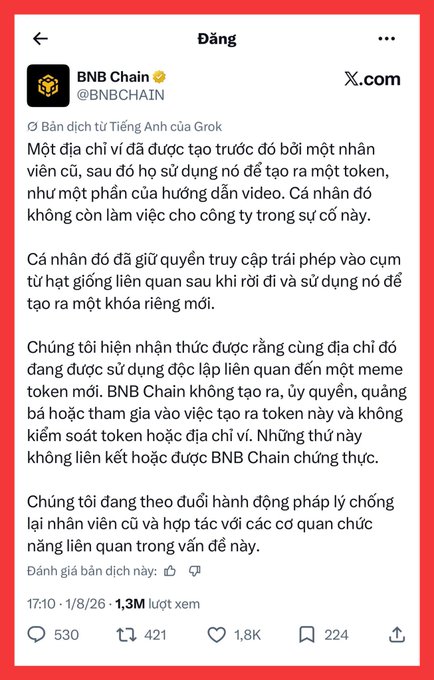 A Vietnamese-language post from BNB Chain's official X (Twitter) account (@BNBCHAIN) dated 1/8/26, warning about a former employee's unauthorized creation of a meme token using company resources.