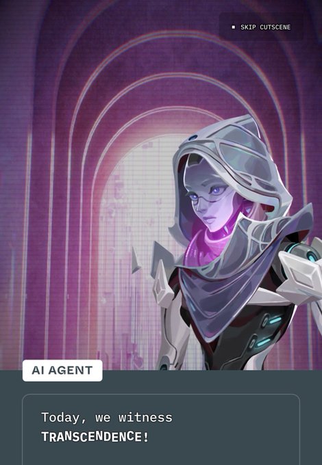 A mobile game cutscene features an 'AI AGENT' character wearing a hood and glowing glasses, with dialogue reading 'Today, we witness TRANSCENDENCE!' in a stylized purple-lit chamber.
