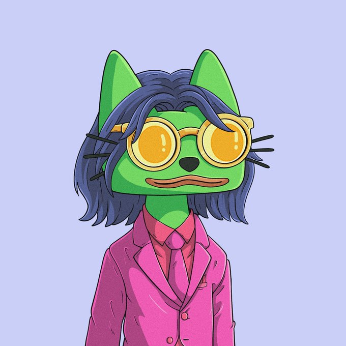A green anthropomorphic cat character with blue hair, round yellow-tinted glasses, and a pink suit and tie stands against a light purple background. The stylized portrait complements the post's playful tone about "Rekt Tradooor" and "CETS honorary," reflecting the meme-like crypto community humor.